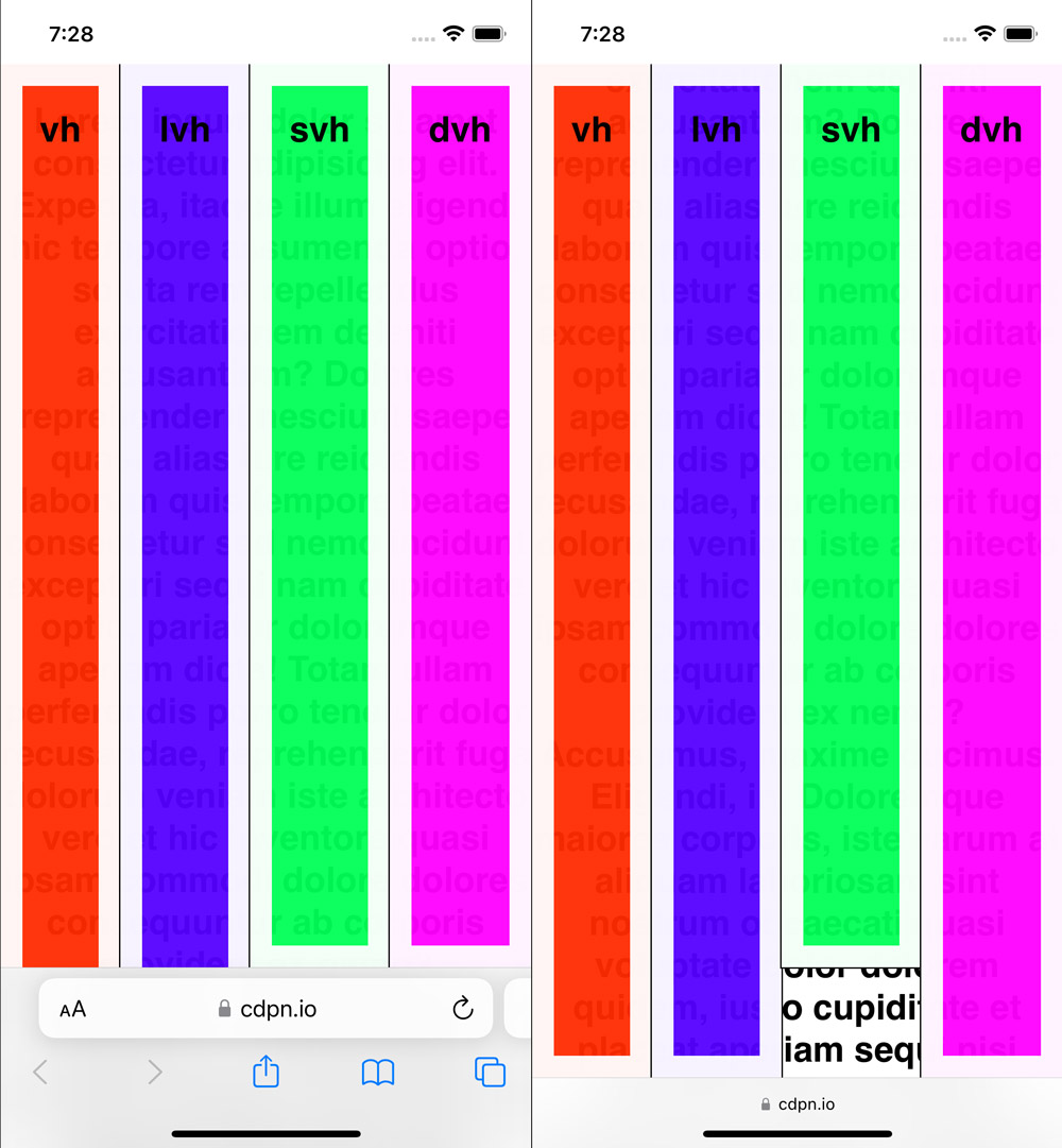 comparisson of vh, lvh, svh, and dvh on a small and large viewport