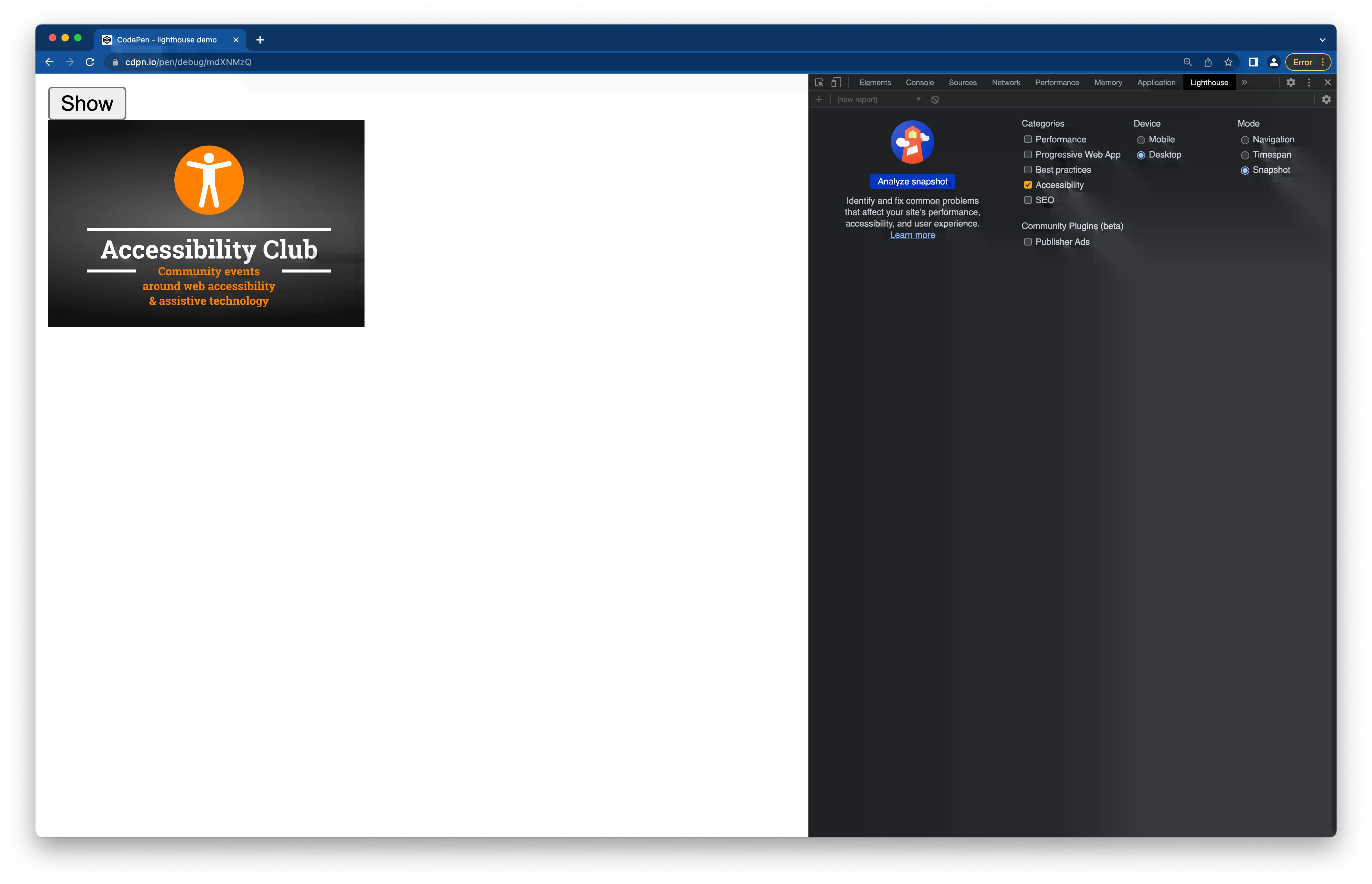Button and image on the left hand side. Lighthouse panel in Dev Tools with the new options on the right