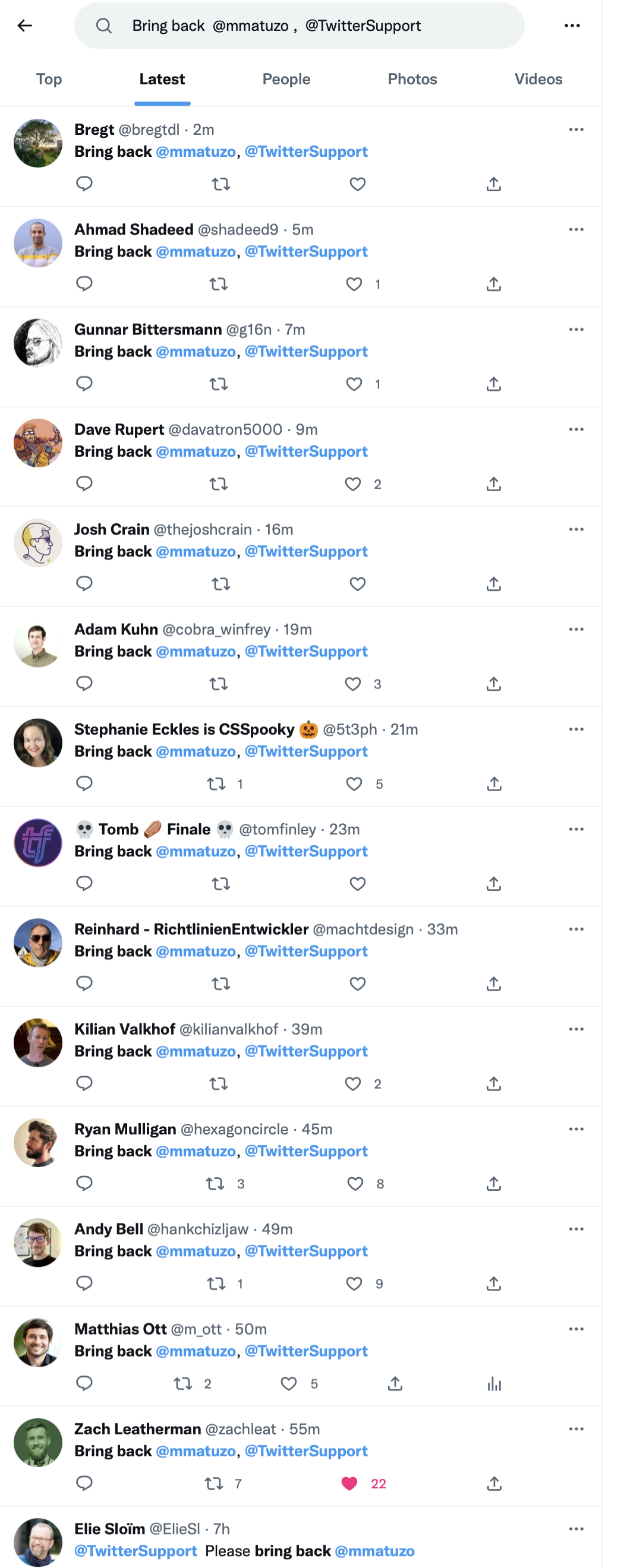 Twitter search for 'Bring back @mmatuzo, @TwitterSupport' showing dozens of results by all kinds of people.