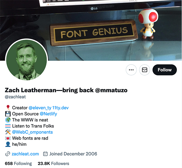 Zack Leathermans profil showing his portrait, bio and twitter name 'Zack Leatherman–bring back @mmatuzo'