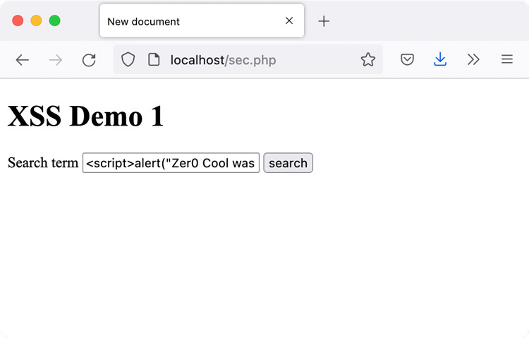A search form, not yet submitted, with “<script>Zer0 Cool was here</script>” as the search value
