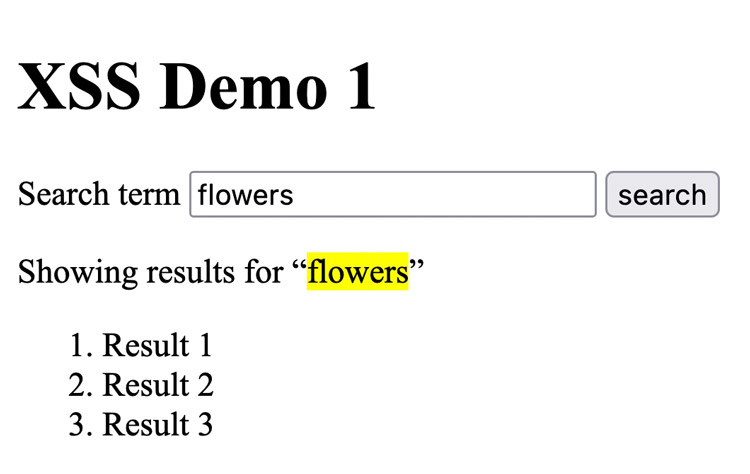 A Search form that has been submitted showing some dummy results for the term “flowers”.