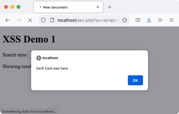 An alert with the message “Zer0 Cool was here” on the search page.