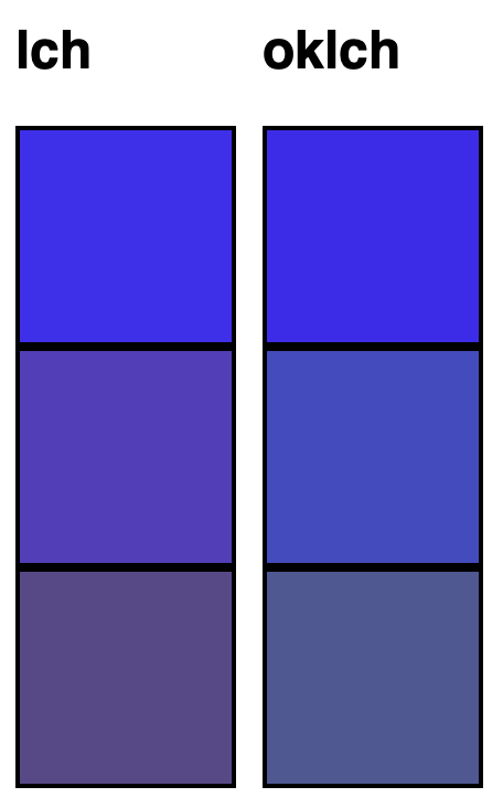 3 shades of blue compared in lch and oklch. oklch colors look blue while lch colors turn purple.