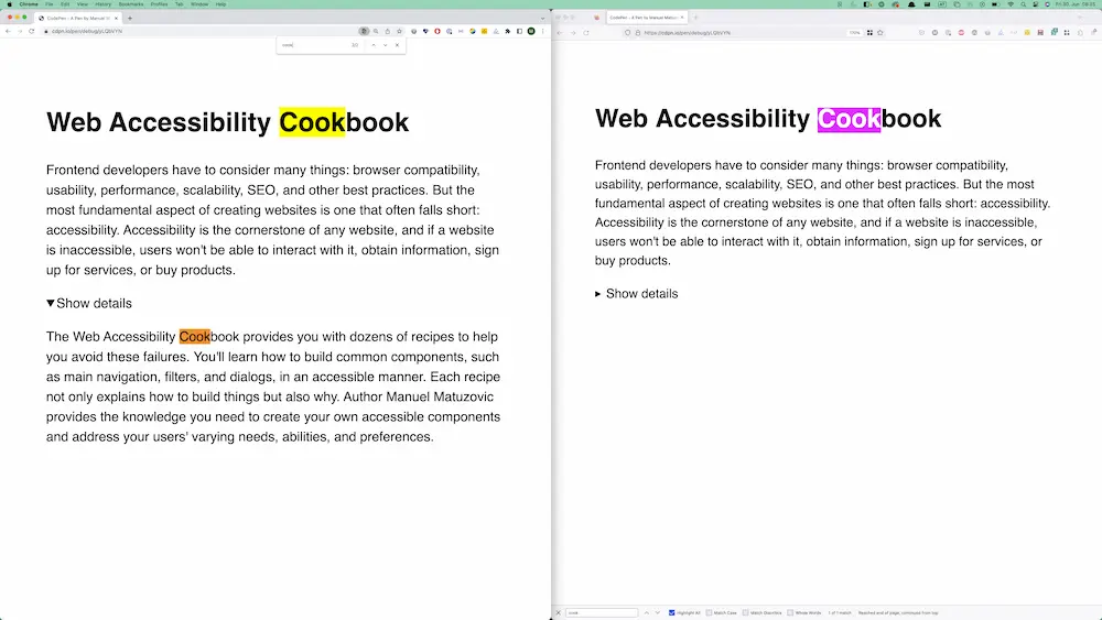 Comparison of Chrome (left) and Firefox. Search for the term 'cook' shows two results in Chrome, details element opened by the browser. Firefox only shows one result, details element closed.