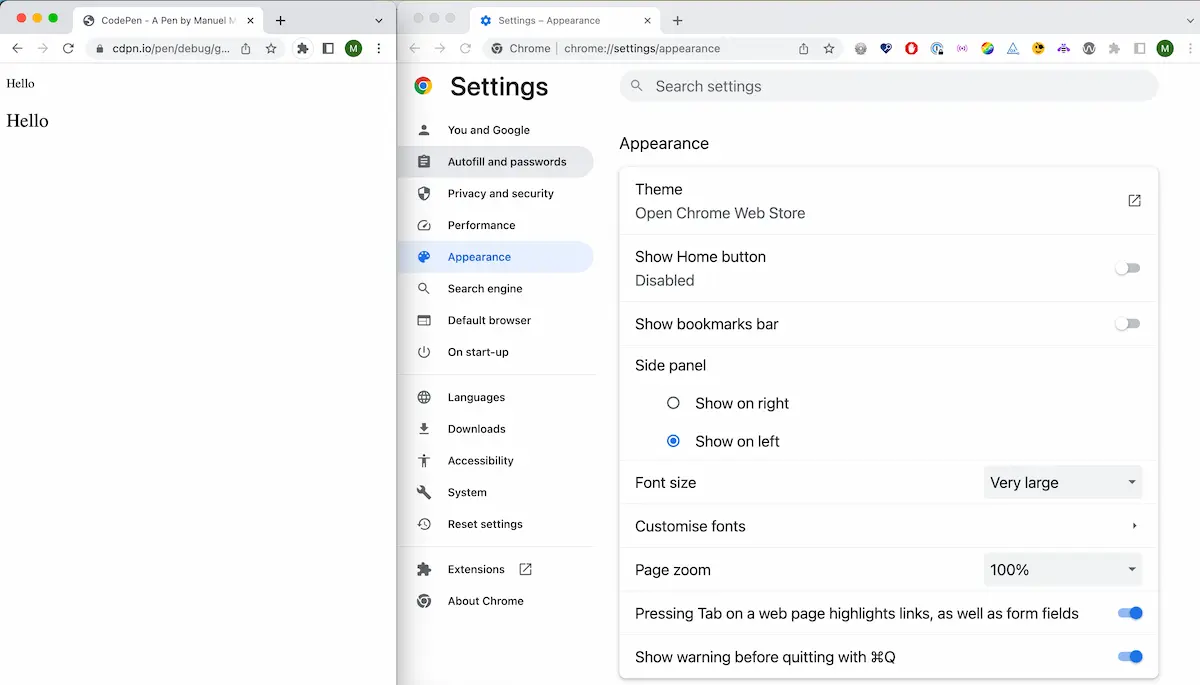 Settings in Desktop Chrome on the right with the default font size set to large. On left two paragraphs. The font size of the second one is much larger.'