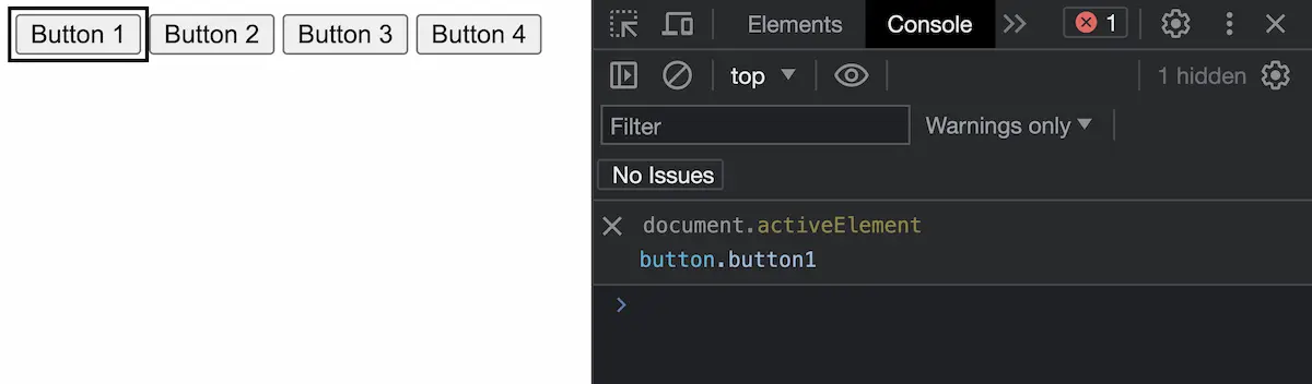 Focus on button 1. Dev tools logs button.button1