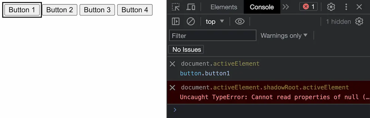 Focus on button 1. Dev tools logs button.button1 and Uncaught TypeError: Cannot read properties of null…