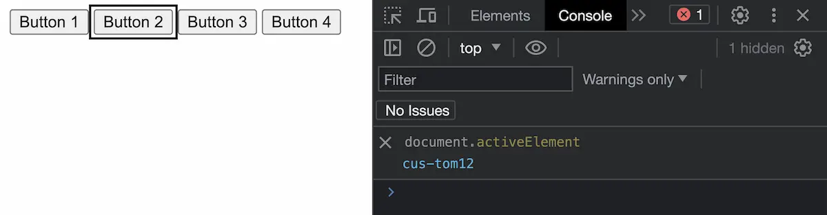 Focus on button 2. Dev tools logs cus-tom12