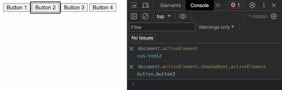 Focus on button 2. Dev tools logs cus-tom12 and button.button2