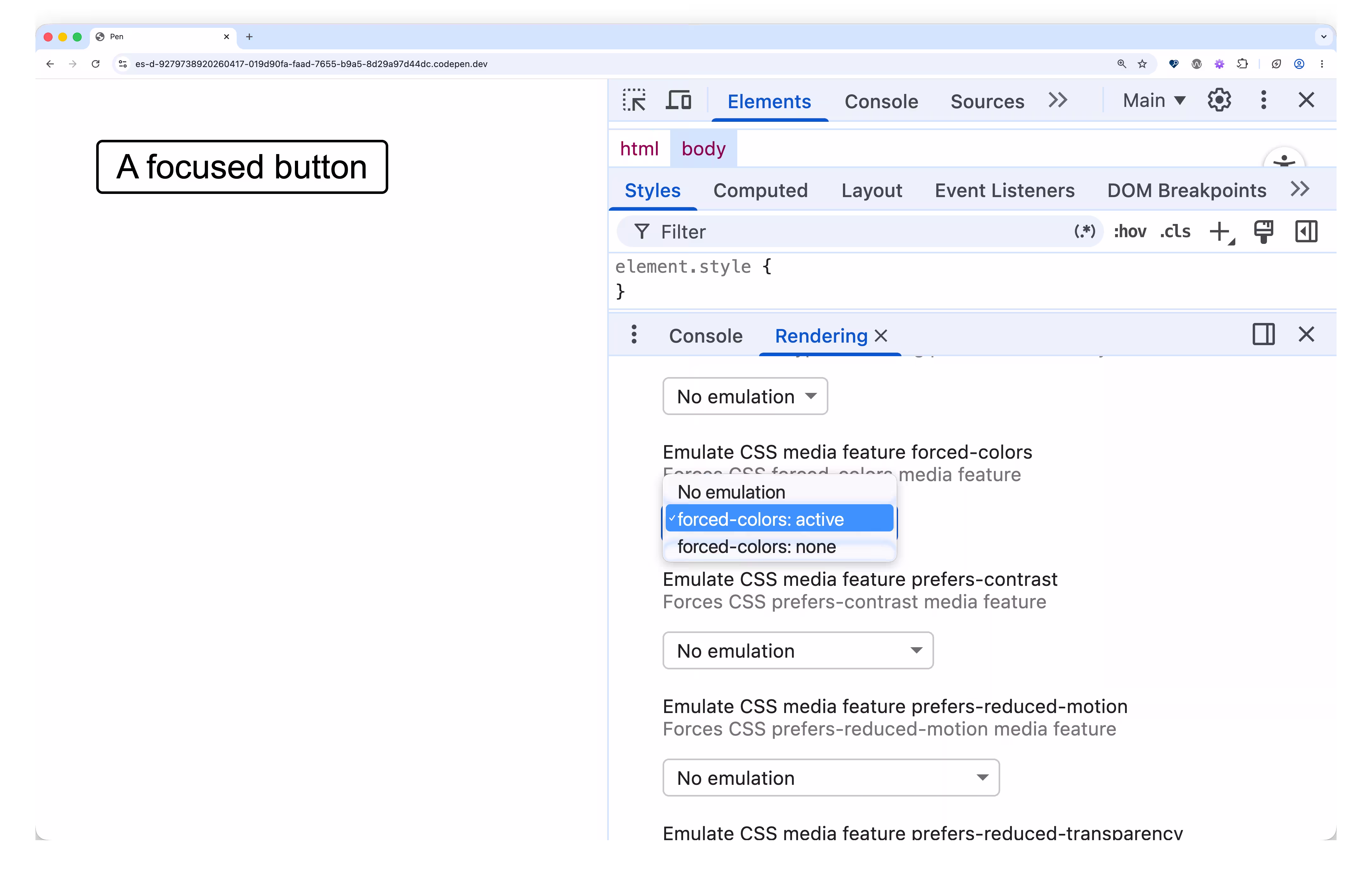 The button is visible in forced colors mode but no box-shadow