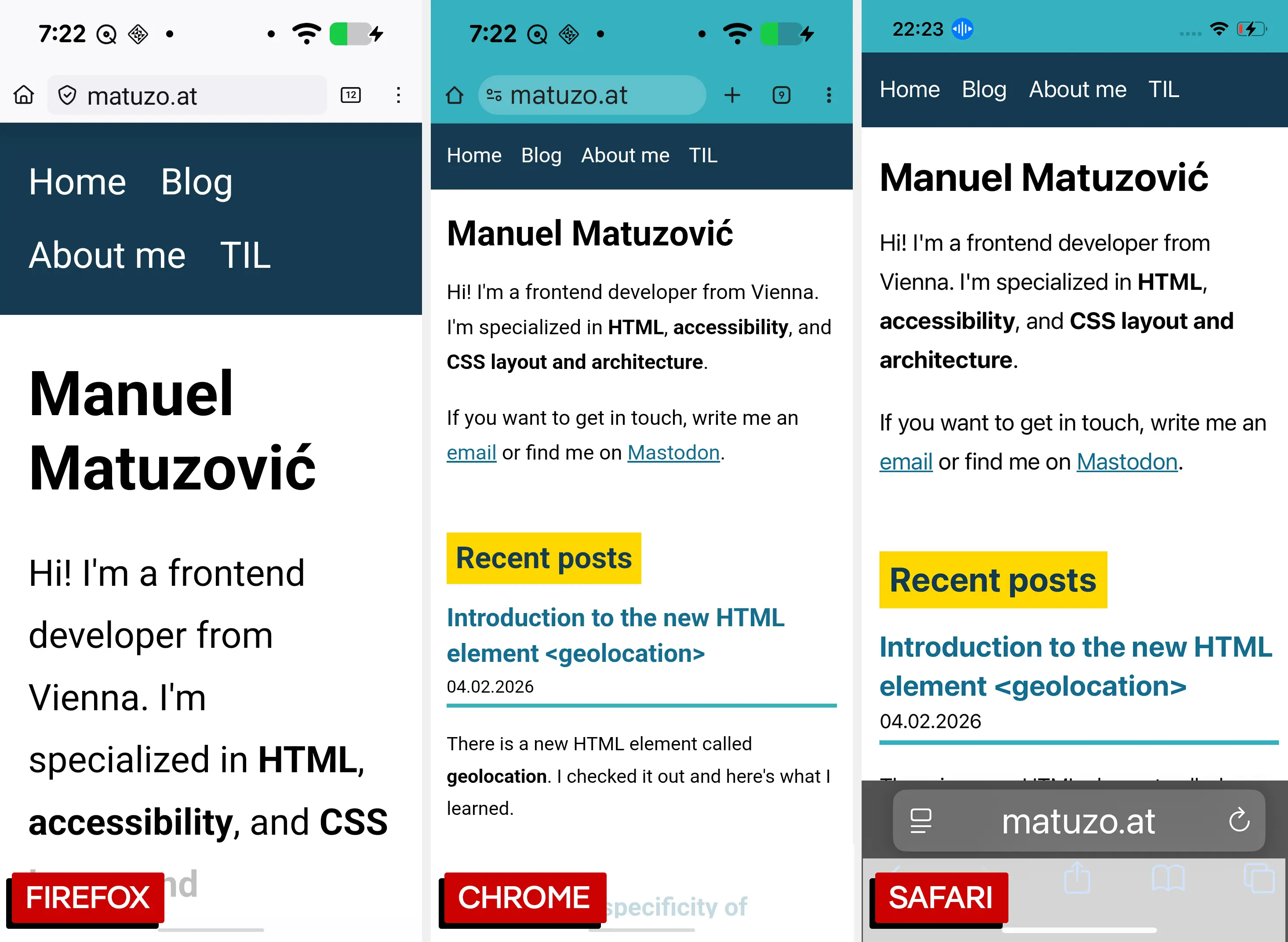 Three screenshots of my website. Text size increased on the OS. Firefox scales the entire website, Chrome and Safari only the app.
