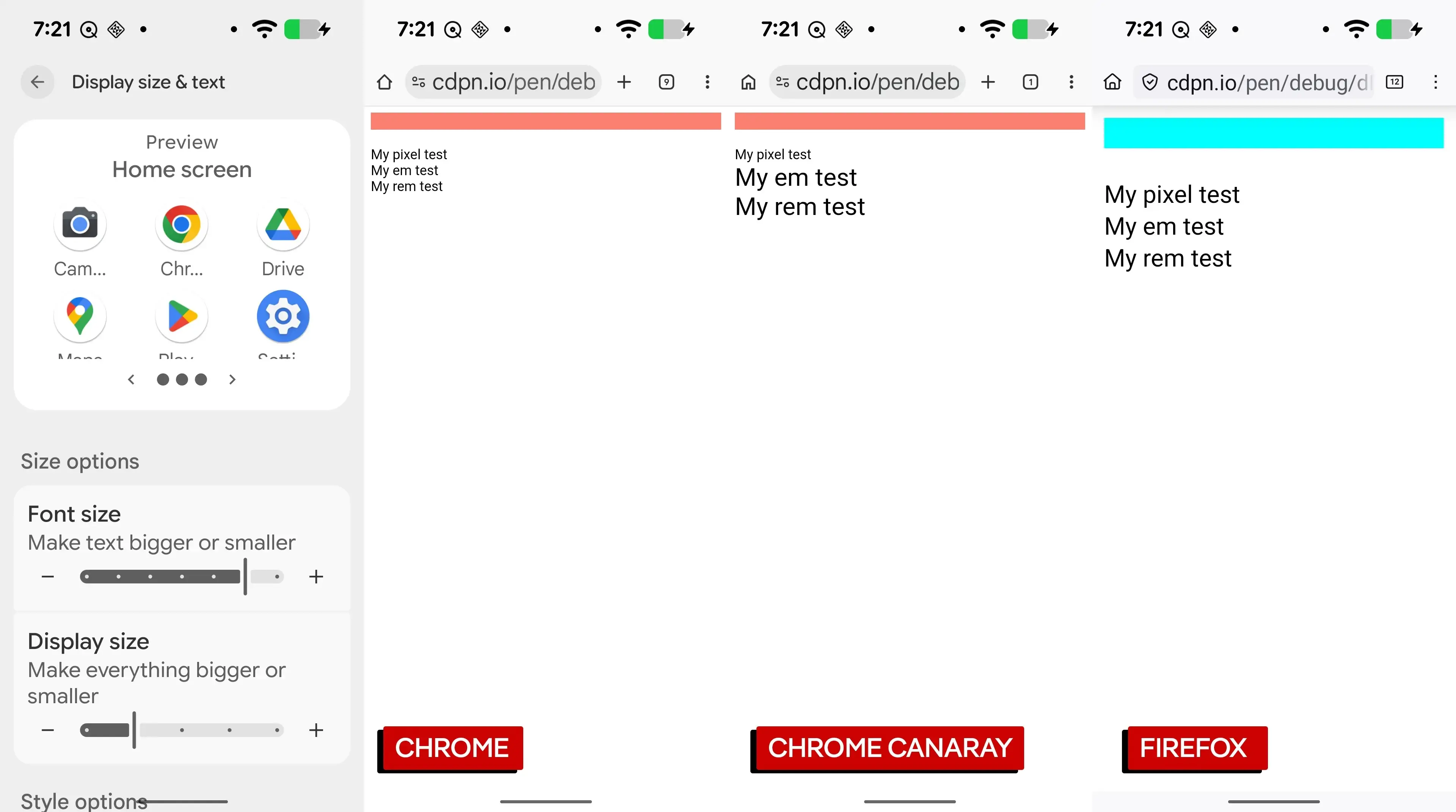 Text size increased on the OS. Chrome does nothing, Chrome Canary scales the text defined in em and rem. Firefox scales the entire page.